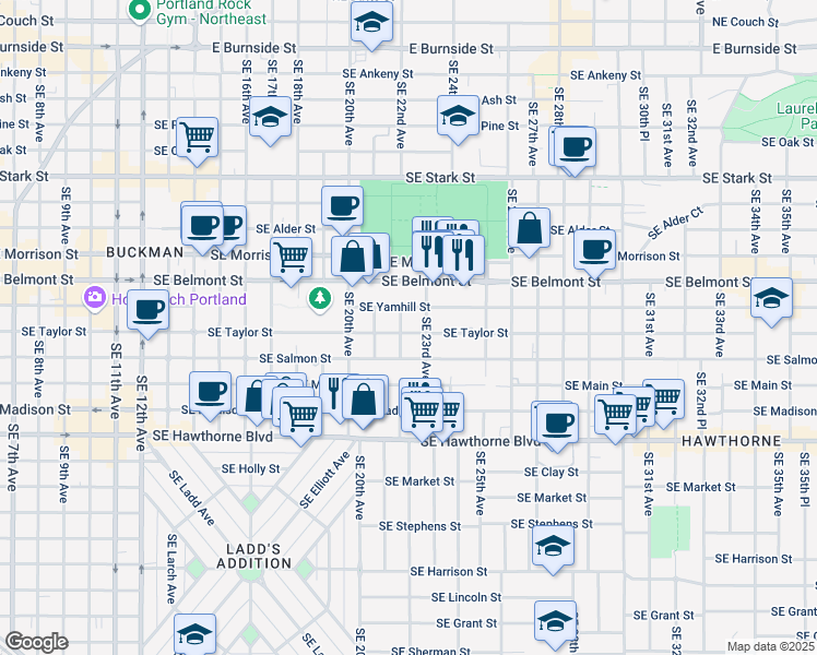 map of restaurants, bars, coffee shops, grocery stores, and more near 2229 Southeast Salmon Street in Portland