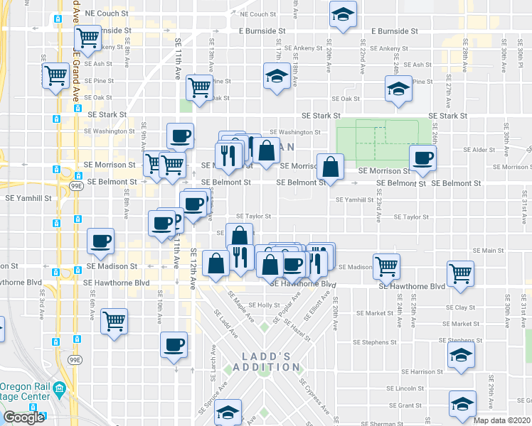 map of restaurants, bars, coffee shops, grocery stores, and more near 1621-1623 Southeast Salmon Street in Portland