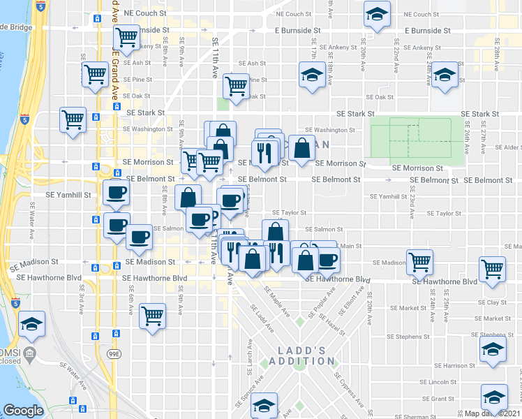 map of restaurants, bars, coffee shops, grocery stores, and more near 1325 Southeast Salmon Street in Portland