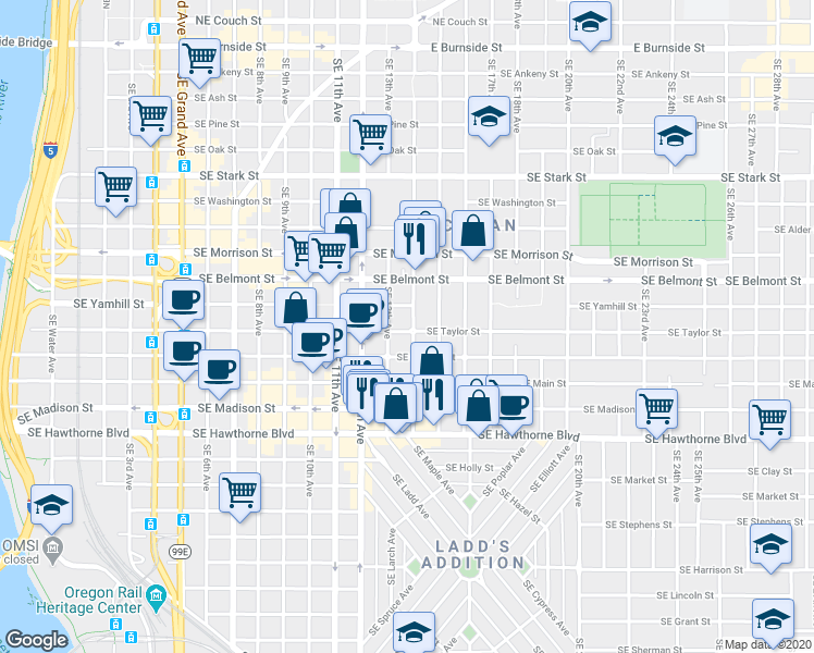 map of restaurants, bars, coffee shops, grocery stores, and more near 1325 Southeast Salmon Street in Portland