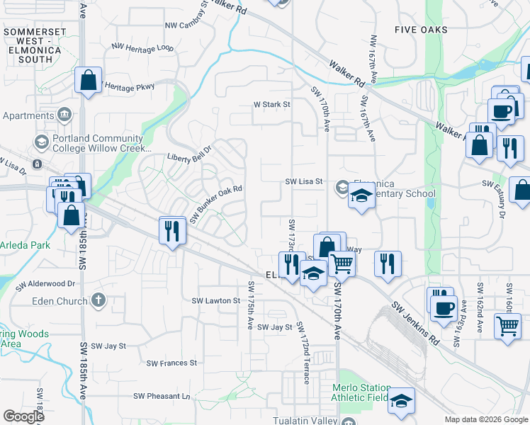 map of restaurants, bars, coffee shops, grocery stores, and more near 725 Southwest 174th Place in Beaverton
