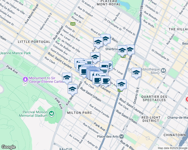 map of restaurants, bars, coffee shops, grocery stores, and more near 3689 Rue Saint-Dominique in Montréal
