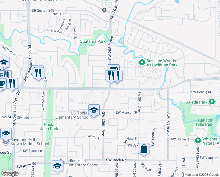map of restaurants, bars, coffee shops, grocery stores, and more near W Baseline Rd & SW 205th Ave in Aloha