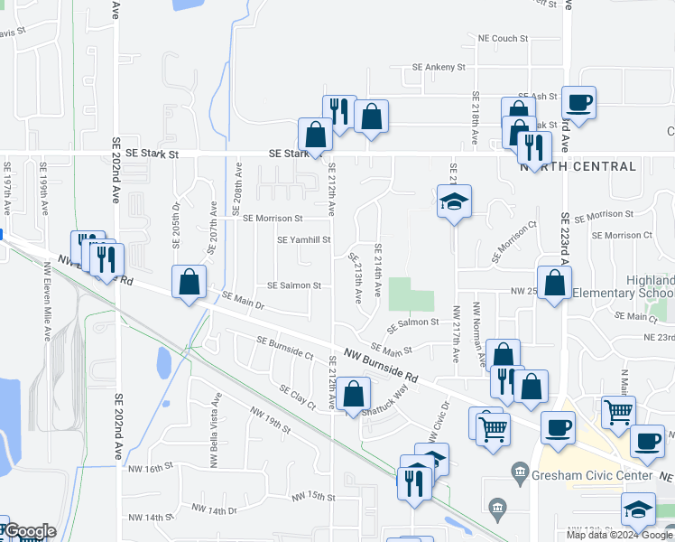 map of restaurants, bars, coffee shops, grocery stores, and more near 1016 Southeast 212th Avenue in Gresham
