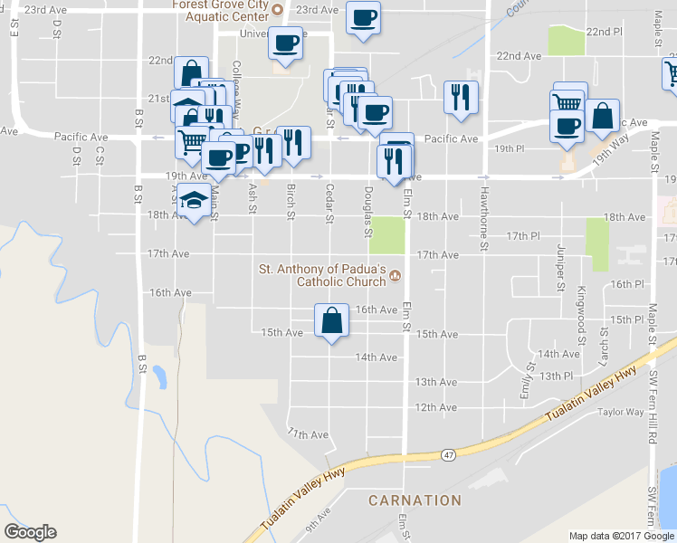 map of restaurants, bars, coffee shops, grocery stores, and more near 1643 Cedar Street in Forest Grove