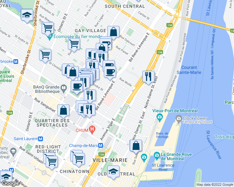 map of restaurants, bars, coffee shops, grocery stores, and more near 925 Rue de la Gauchetière Est in Montréal
