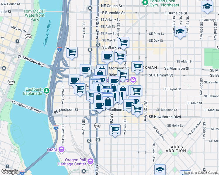 map of restaurants, bars, coffee shops, grocery stores, and more near 631 Southeast Taylor Street in Portland