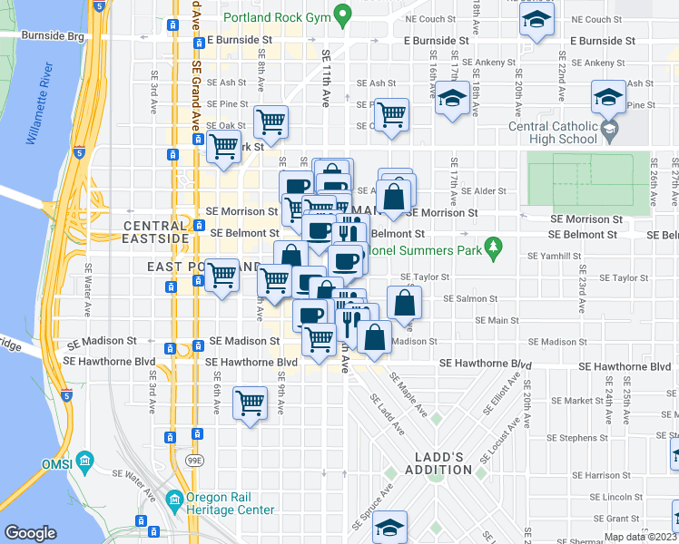 map of restaurants, bars, coffee shops, grocery stores, and more near 1150 Southeast 12th Avenue in Portland