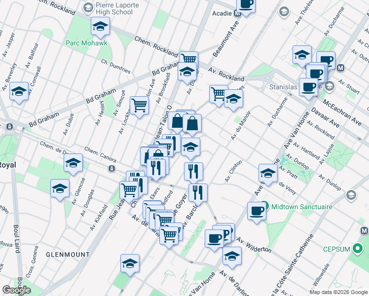 map of restaurants, bars, coffee shops, grocery stores, and more near 2285 Avenue Ekers in Montréal