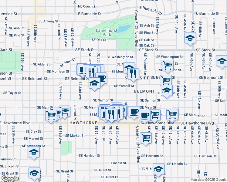 map of restaurants, bars, coffee shops, grocery stores, and more near 3625 Southeast Taylor Street in Portland