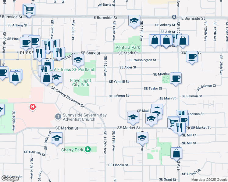 map of restaurants, bars, coffee shops, grocery stores, and more near 1208 Southeast 113th Avenue in Portland