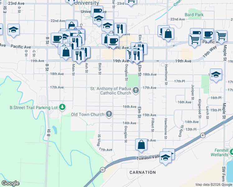 map of restaurants, bars, coffee shops, grocery stores, and more near 1643 Cedar Street in Forest Grove