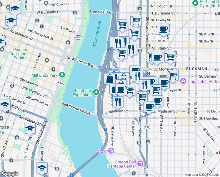 map of restaurants, bars, coffee shops, grocery stores, and more near 1001 Southeast Water Avenue in Portland