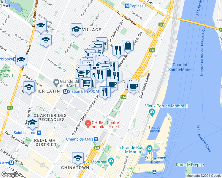 map of restaurants, bars, coffee shops, grocery stores, and more near 1050 Rue Saint-Timothée in Montréal