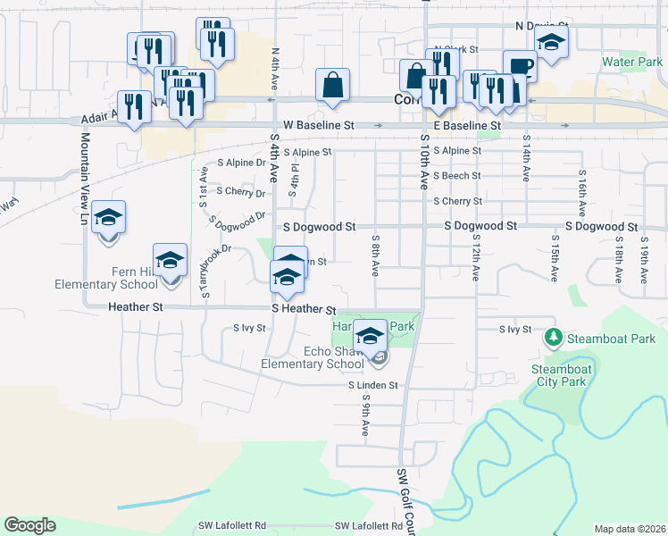map of restaurants, bars, coffee shops, grocery stores, and more near 597 South Fawn Street in Cornelius