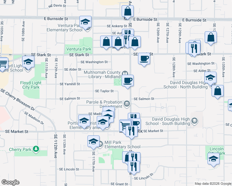 map of restaurants, bars, coffee shops, grocery stores, and more near 1103 Southeast 120th Avenue in Portland