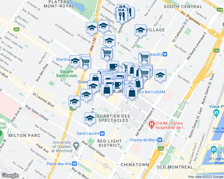 map of restaurants, bars, coffee shops, grocery stores, and more near 1655 Rue Saint-Denis in Montréal
