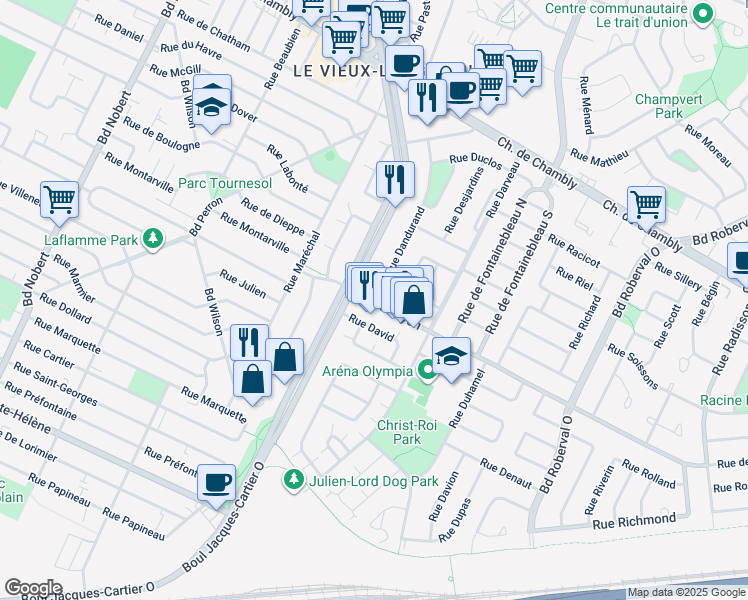map of restaurants, bars, coffee shops, grocery stores, and more near 574 Boulevard Jacques-Cartier Ouest in Longueuil