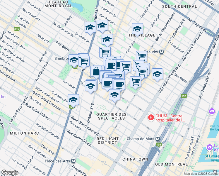 map of restaurants, bars, coffee shops, grocery stores, and more near 1665 Rue Saint-Denis in Montréal