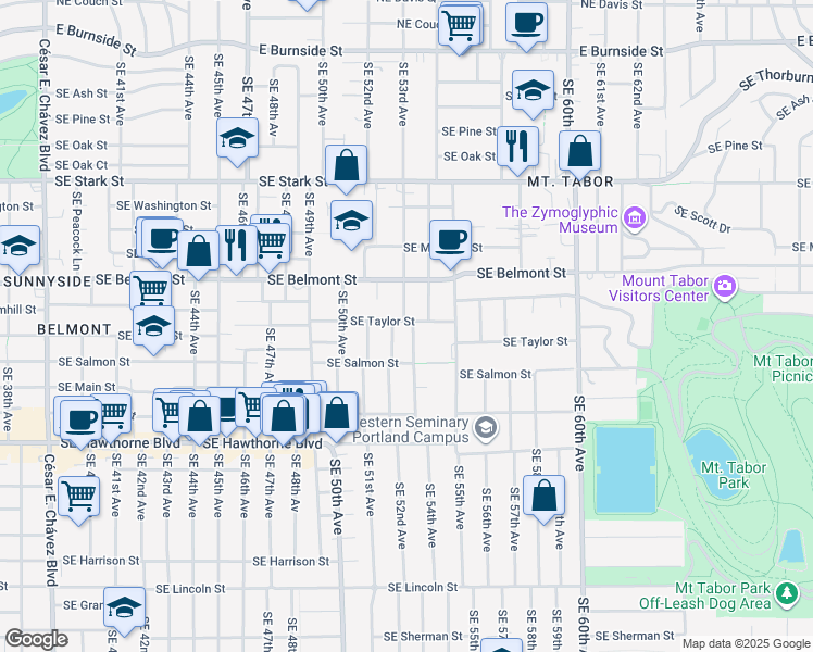 map of restaurants, bars, coffee shops, grocery stores, and more near 5234 Southeast Taylor Street in Portland