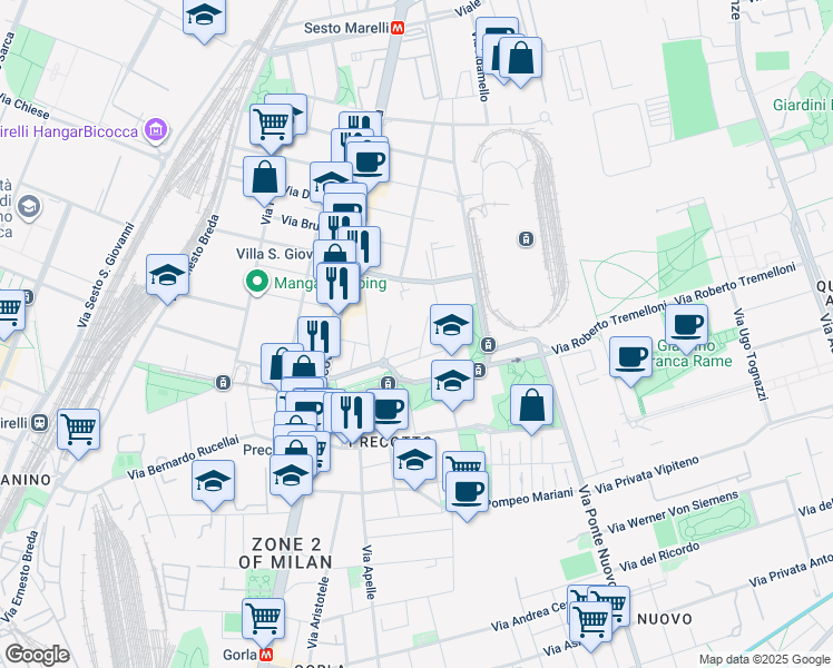 map of restaurants, bars, coffee shops, grocery stores, and more near 12 Via Pindaro in Milan