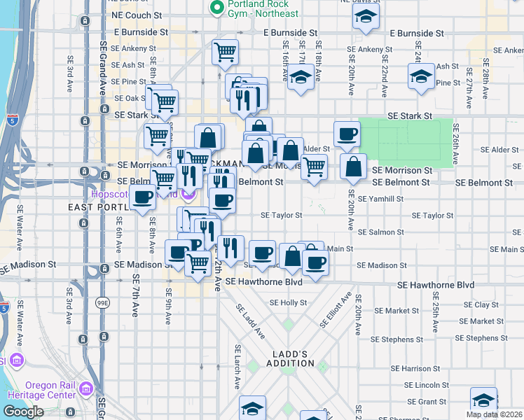 map of restaurants, bars, coffee shops, grocery stores, and more near 1427 Southeast Taylor Street in Portland