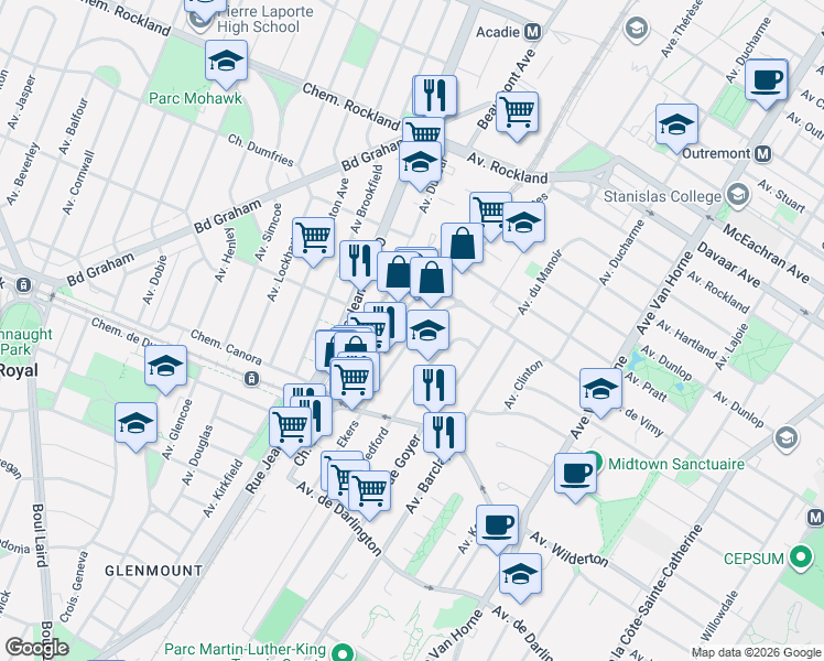 map of restaurants, bars, coffee shops, grocery stores, and more near 2285 Avenue Ekers in Mont-Royal