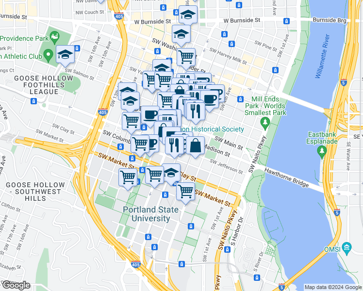 map of restaurants, bars, coffee shops, grocery stores, and more near 1225 SW 6th Ave in Portland