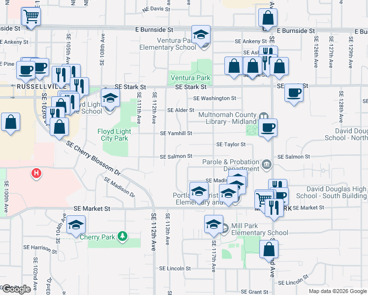 map of restaurants, bars, coffee shops, grocery stores, and more near 1100 Southeast 114th Place in Portland