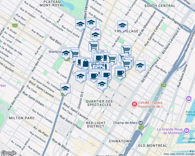map of restaurants, bars, coffee shops, grocery stores, and more near 1661 Rue Saint-Denis in Montréal