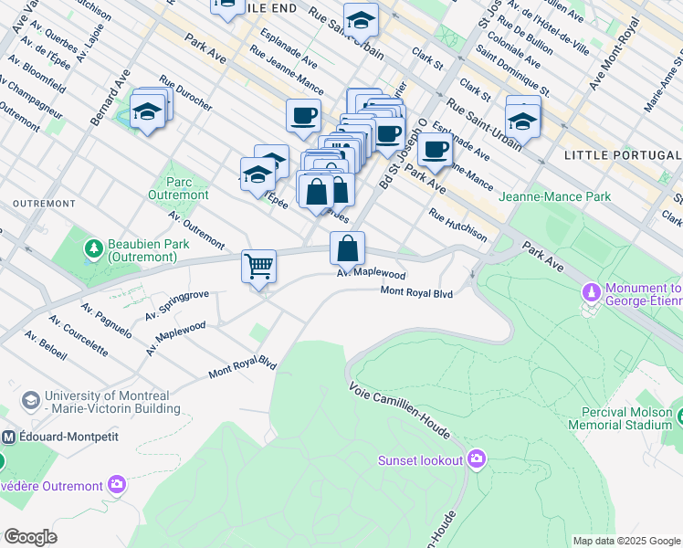 map of restaurants, bars, coffee shops, grocery stores, and more near 41 Avenue Maplewood in Montreal