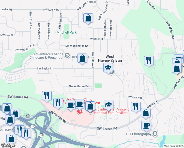 map of restaurants, bars, coffee shops, grocery stores, and more near 610 Southwest Chinook Terrace in Portland