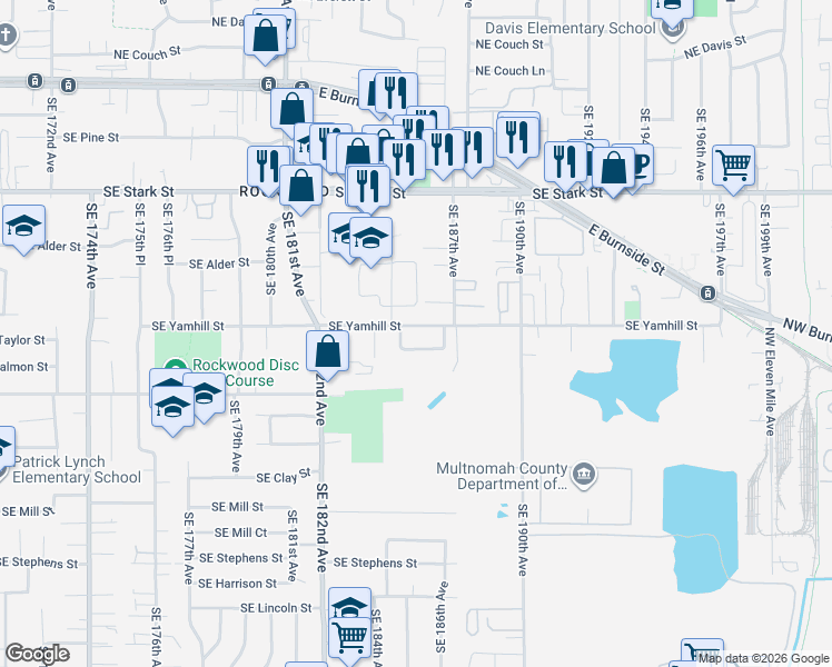 map of restaurants, bars, coffee shops, grocery stores, and more near 18531 Southeast Yamhill Street in Portland