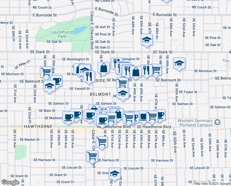 map of restaurants, bars, coffee shops, grocery stores, and more near 4023 Southeast Yamhill Street in Portland
