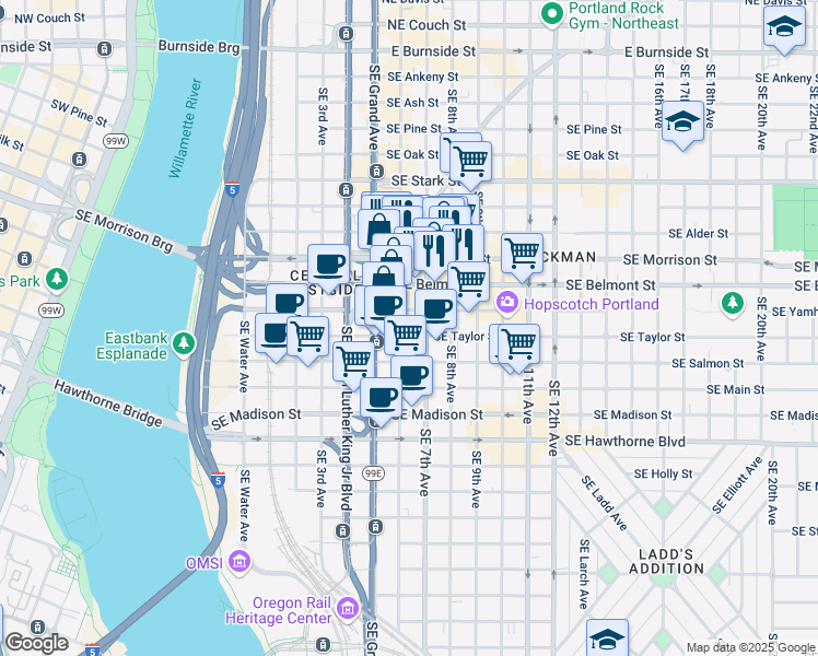 map of restaurants, bars, coffee shops, grocery stores, and more near 934 Southeast 6th Avenue in Portland