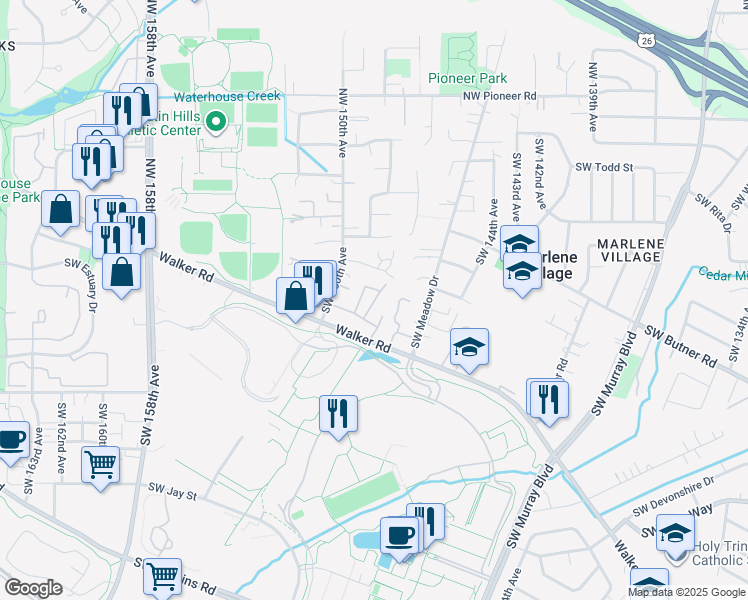 map of restaurants, bars, coffee shops, grocery stores, and more near 14960 Southwest Conor Circle in Beaverton