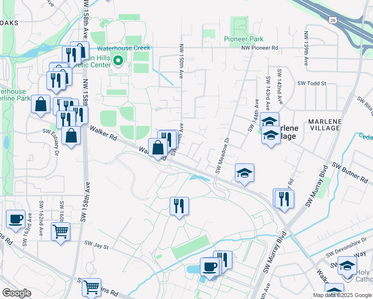 map of restaurants, bars, coffee shops, grocery stores, and more near 14960 Southwest Conor Circle in Beaverton