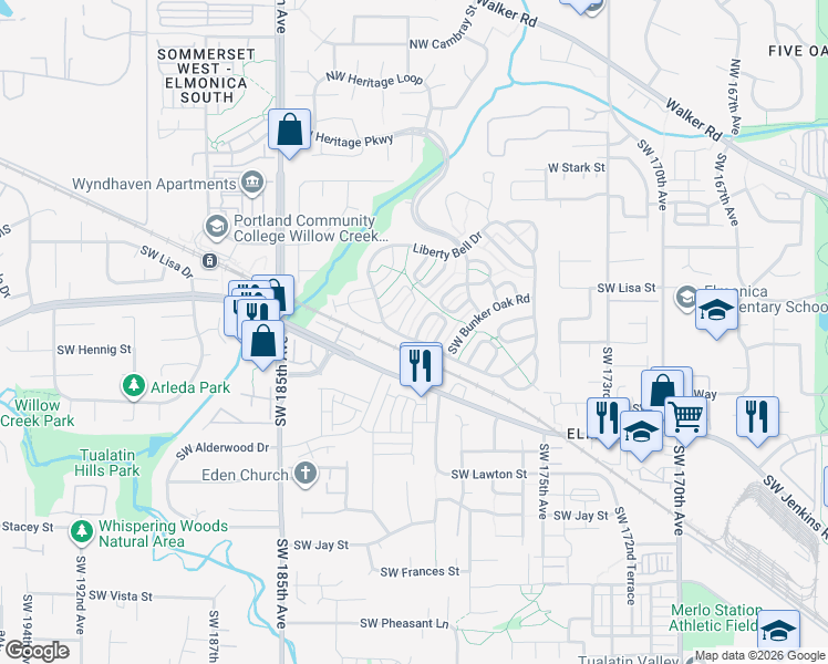 map of restaurants, bars, coffee shops, grocery stores, and more near 627 Southwest Philadelphia Way in Beaverton