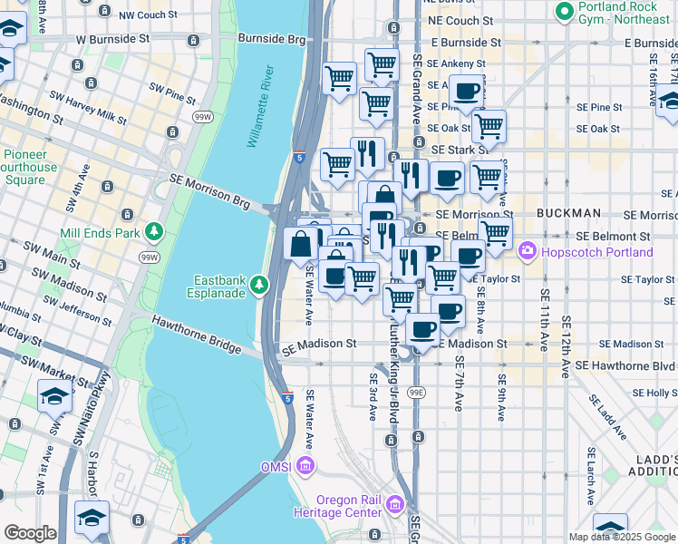 map of restaurants, bars, coffee shops, grocery stores, and more near 111-115 Southeast Yamhill Street in Portland