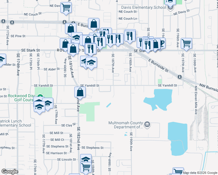 map of restaurants, bars, coffee shops, grocery stores, and more near 18655 Southeast Yamhill Circle in Portland