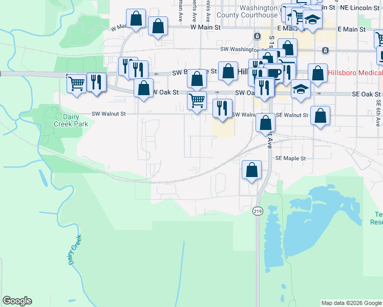 map of restaurants, bars, coffee shops, grocery stores, and more near 545 Southwest Cedar Street in Hillsboro