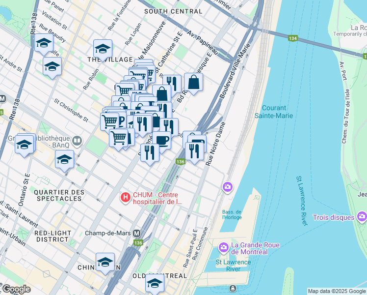 map of restaurants, bars, coffee shops, grocery stores, and more near Avenue Viger Est in Montréal