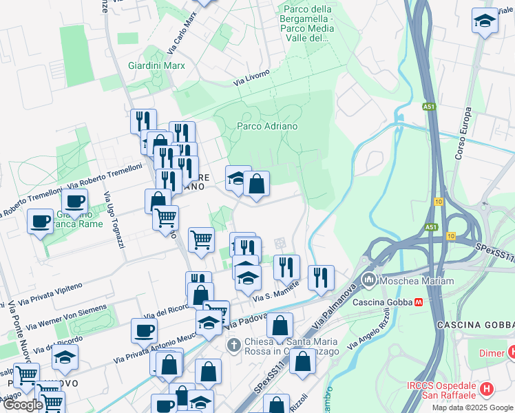 map of restaurants, bars, coffee shops, grocery stores, and more near 22 Via Privata Trasimeno in Città metropolitana di Milano