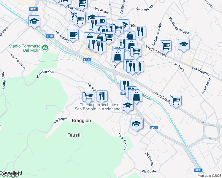 map of restaurants, bars, coffee shops, grocery stores, and more near 2 Via Tiro a Segno in Provincia di Vicenza