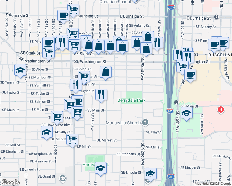 map of restaurants, bars, coffee shops, grocery stores, and more near 8806 Southeast Taylor Street in Portland