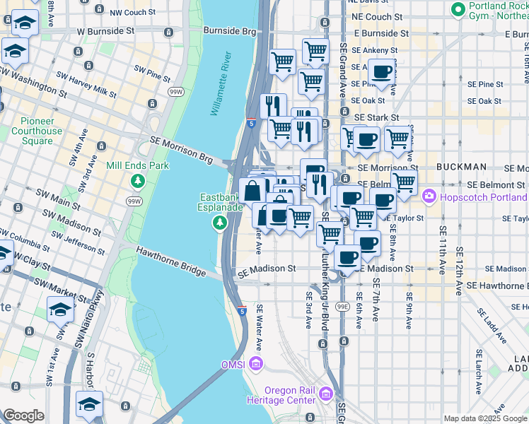 map of restaurants, bars, coffee shops, grocery stores, and more near 51 Southeast Yamhill Street in Portland
