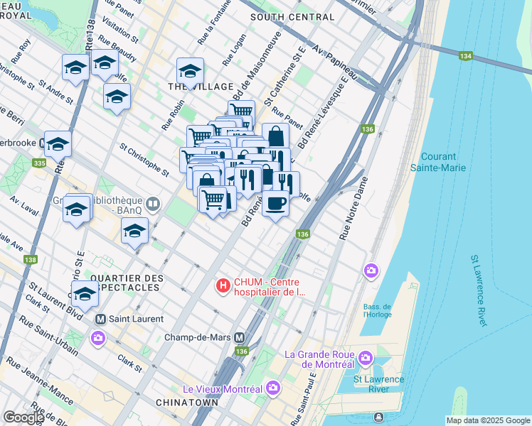 map of restaurants, bars, coffee shops, grocery stores, and more near 1093 Rue Saint-André in Montréal