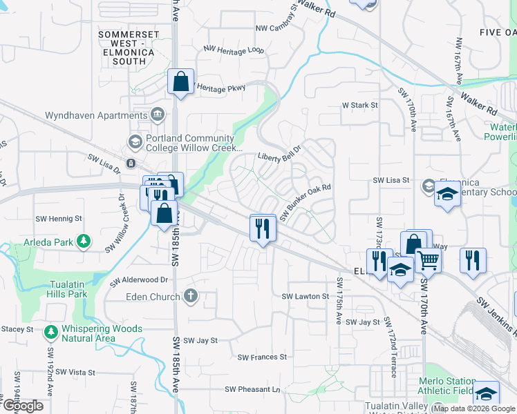 map of restaurants, bars, coffee shops, grocery stores, and more near 627 Southwest Philadelphia Way in Beaverton