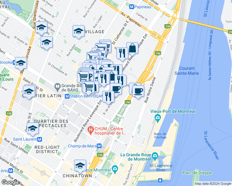 map of restaurants, bars, coffee shops, grocery stores, and more near 1050 Rue Saint-Timothée in Montréal