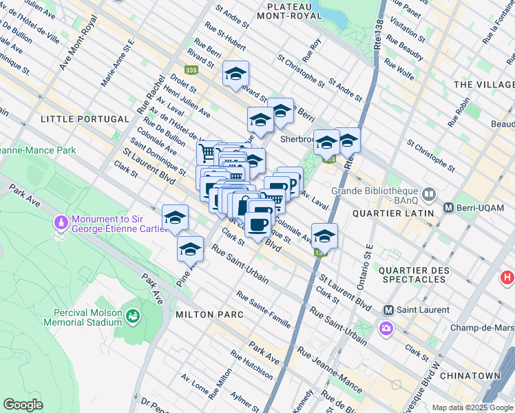 map of restaurants, bars, coffee shops, grocery stores, and more near 3682 Coloniale Avenue in Montreal
